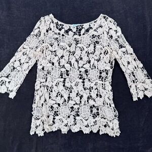 Ruby Cream Floral Crochet Lace Top 3/4 Sleeve Sheer Boho Romantic Ivory Guipure